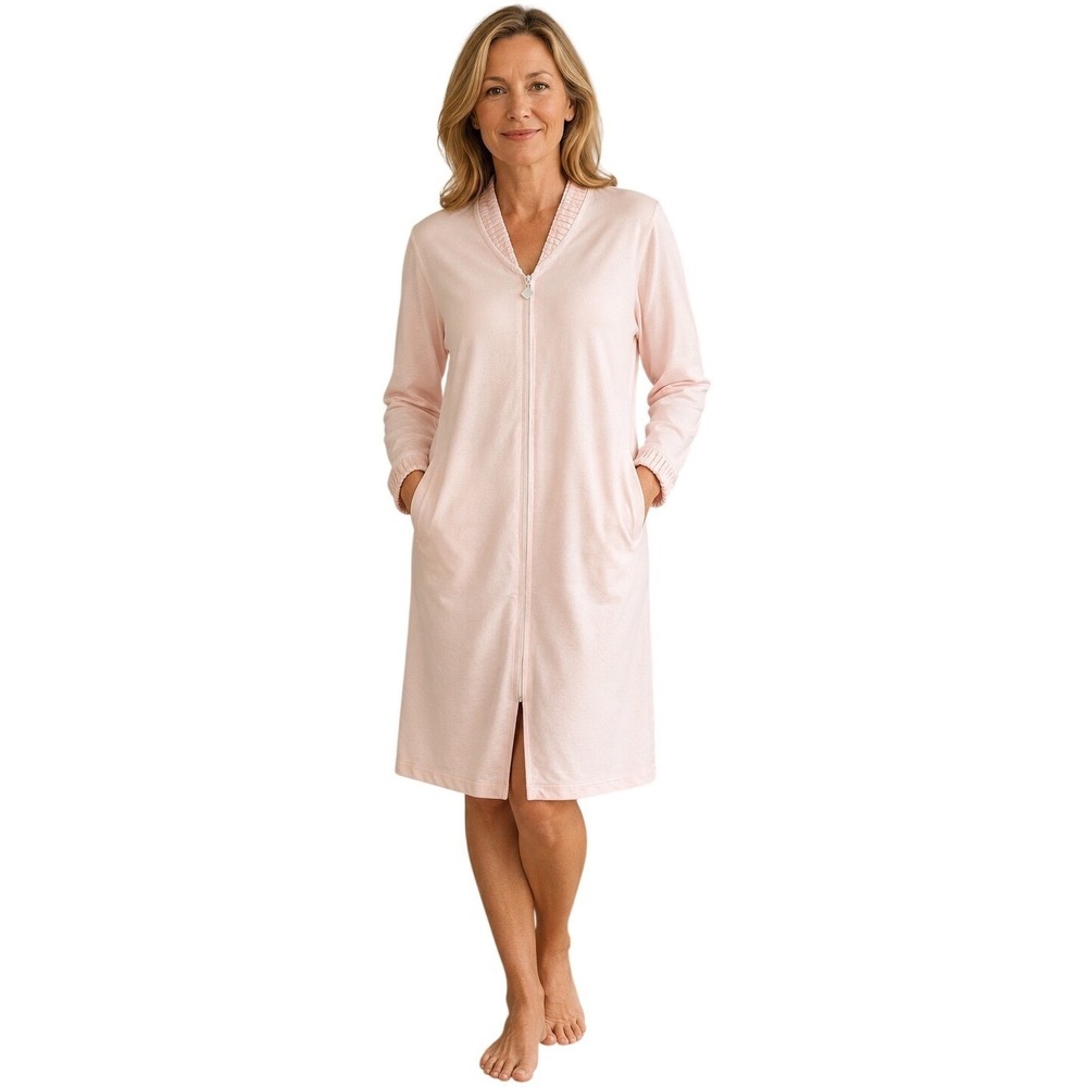 Eileen West Zip Up Robe Womens Medium Pink Cotton Knit Loungewear Housecoat